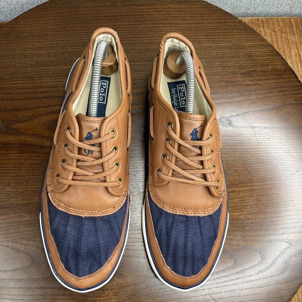 Polo Ralpth Lauren Parkstone Low Shoes Women's 10.5 D Blue Brown Leather Canvas - Picture 3 of 13